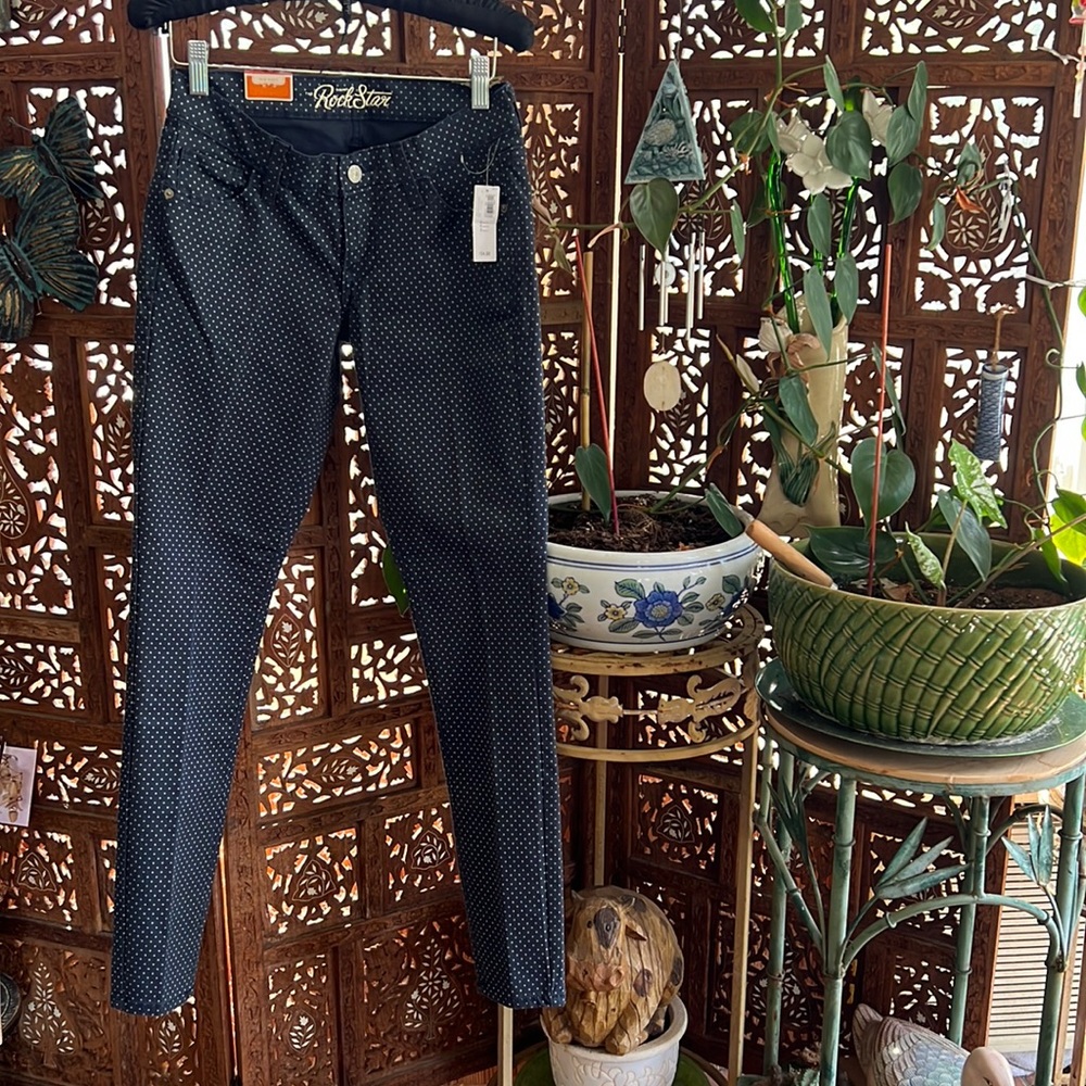 NWT size 6 Old Navy ROCKSTAR skinny jeans in navy blue with polka dots